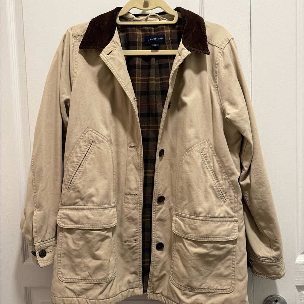 Lands' End Women’s Beige Barn Jacket with Dark Brown Corduroy Collar